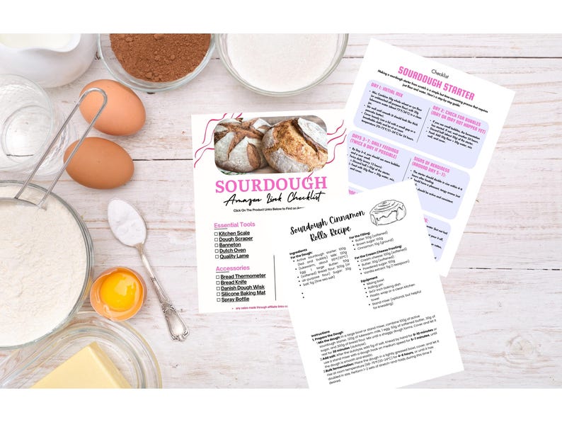 May include: A flat lay of sourdough baking ingredients and checklists. Ingredients include flour, eggs, butter, and cocoa powder. Checklists for sourdough starter and cinnamon rolls are visible, with the text "Sourdough Amazon Link Checklist."