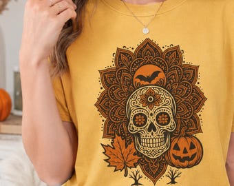 Sugar Skull Mandala Shirt : Skull Halloween Fall Tee Comfort Colors T-Shirt