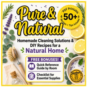 Könnte beinhalten: Eine digitale Grafik mit dem Titel Pure & Natural Homemade Cleaning Solutions & DIY Recipes for a Natural Home. Sie zeigt Lavendelzweige, Eukalyptus, Zitronenscheiben, eine hölzerne Scheuerbürste und eine Schale mit Salz. Enthält Text über druckbare PDFs, kostenlose Boni, einen Kurzanleitungs-Leitfaden und eine Checkliste.