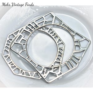 Set of Two Vintage Modern Contemporary Geometric Cut Out Silver Tone Bangle Bracelets