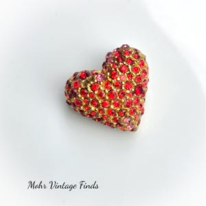 Vintage Red and Pink Rhinestone Gold Tone Puffy Heart Brooch Pin