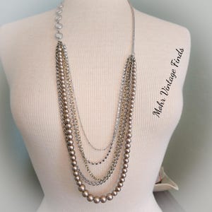 Vintage Flapper Style Multi-strand Faux Pearl and Faux Rhinestone Silver Tone 33&quot; Necklace - 31&quot; minus the extension.