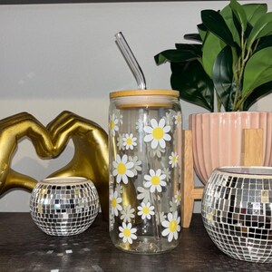 Glass cup with bamboo lid and straw