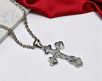 Baroque Style Silver Crucifix Necklace, Religious Jewelry