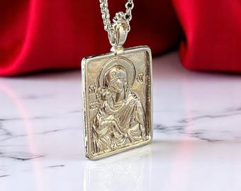 Silver Plated Virgin Mary and Jesus Orthodox Icon Pendant Necklace