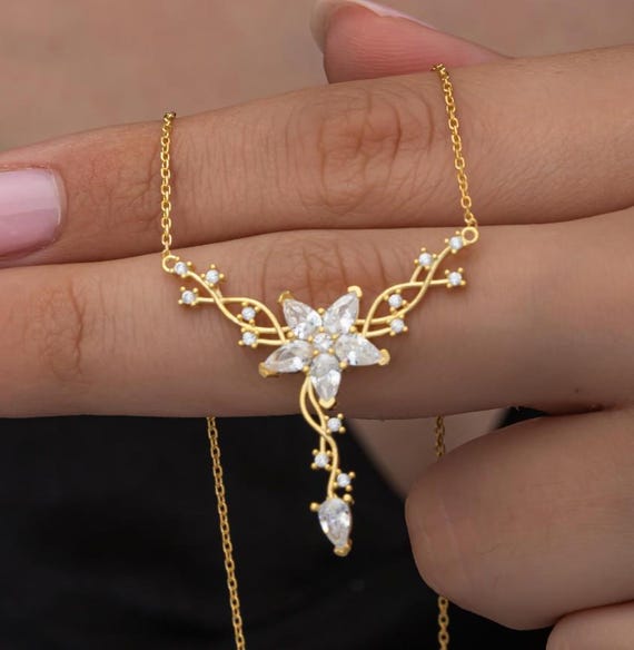 Ivy Lotus Flower, White Zircon Stone, Stone Necklace, Ivy Shaped