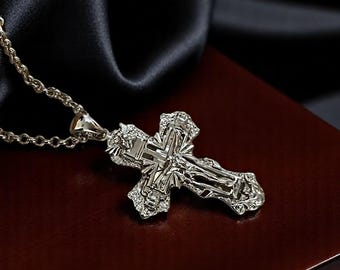Baroque Style Cross Necklace, Sterling Silver Crucifix Pendant, Christian Jewelry