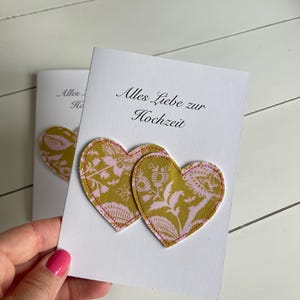 Hochzeitskarte mit Stoff Herzen zur Hochzeit handgemachte Karte mit Herzen, Glückwunschkarte Hochzeit Doppelkarte A6