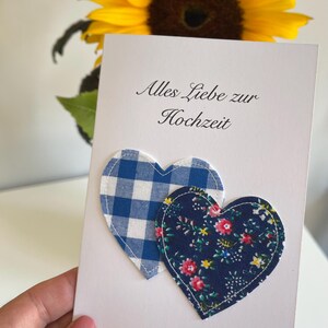 Hochzeitskarte mit Stoff Herzen zur Hochzeit handgemachte Karte mit Herzen, Glückwunschkarte Hochzeit Doppelkarte A6 Braut und Brautigam