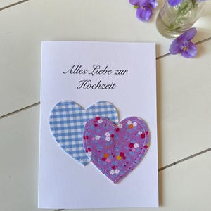 Glückwunschkarte zur Hochzeit, Hochzeitskarte mit Stoff Herzen handgemachte Karte Hochzeit Doppelkarte A6