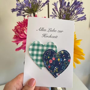 Cottagecore Hochzeitskarte Landhausstil Stoff Herzen Doppelkarte A6  romantische handgemachte Karte Hochzeit Glückwunschkarte zur Hochzeit