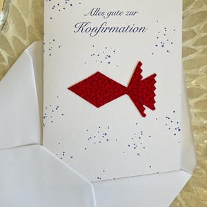 Besondere handgemachte Klappkarte zur Konfirmation mit Stoff Fisch. Kleines Geschenk. Ideal für das Geldgeschenk oder als Beigabe. DIN A6.