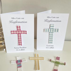 Karte zur Konfirmation, Kommunion, Taufe. Personalisierte handgemachte Karte mit Stoff Kreuz, Personalisiert mit Name und Datum,