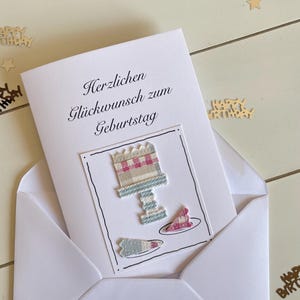 Geburtstagskarte mit Stoff Torte auf Kuchenteller und 2 Kuchenstücke, Klappkarte A6, Unikat 3D, handgefertigt, Geburtstagskuchen, Geburtstag