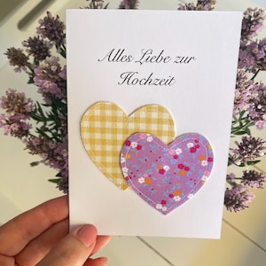 Hochzeitskarte mit Stoff Herzen zur Hochzeit handgemachte Karte Herzen Glückwunschkarte Hochzeit Doppelkarte A6 Braut Brautigam Just married