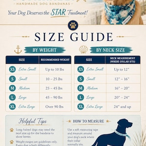 May include: A size guide chart for OBX Puparazzi handmade dog bandanas featuring a golden retriever wearing a blue nautical-themed bandana. The chart includes tables for weight in lbs and neck size in inches, plus measuring tips and a dog silhouette.