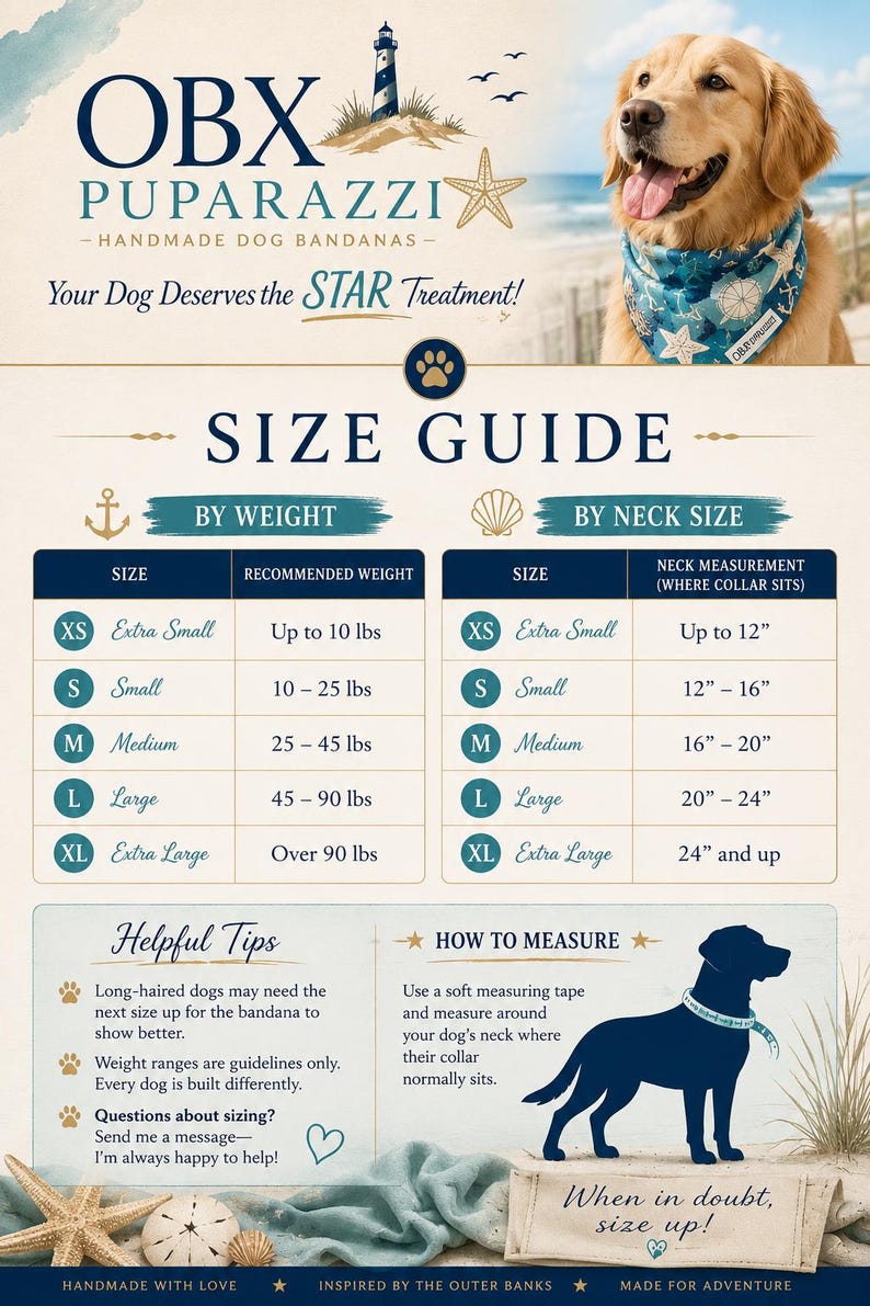 May include: A size guide chart for OBX Puparazzi handmade dog bandanas featuring a golden retriever wearing a blue nautical-themed bandana. The chart includes tables for weight in lbs and neck size in inches, plus measuring tips and a dog silhouette.