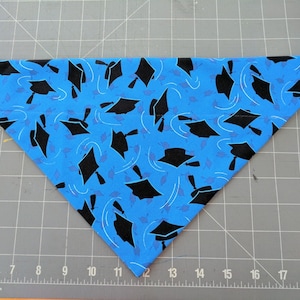 May include: A blue fabric triangle with a pattern of black graduation caps. The fabric is folded in half and the edges are sewn together.
