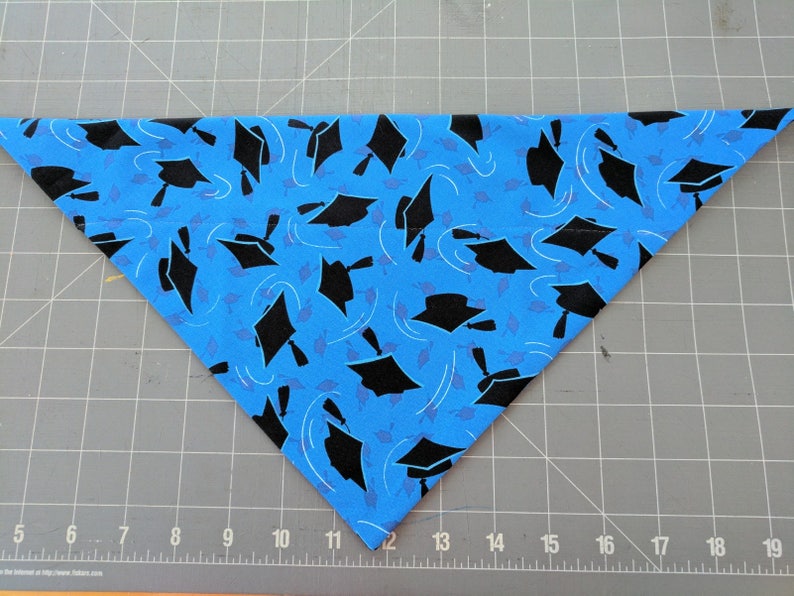 May include: A blue fabric triangle with a pattern of black graduation caps. The fabric is folded in half and the edges are sewn together.