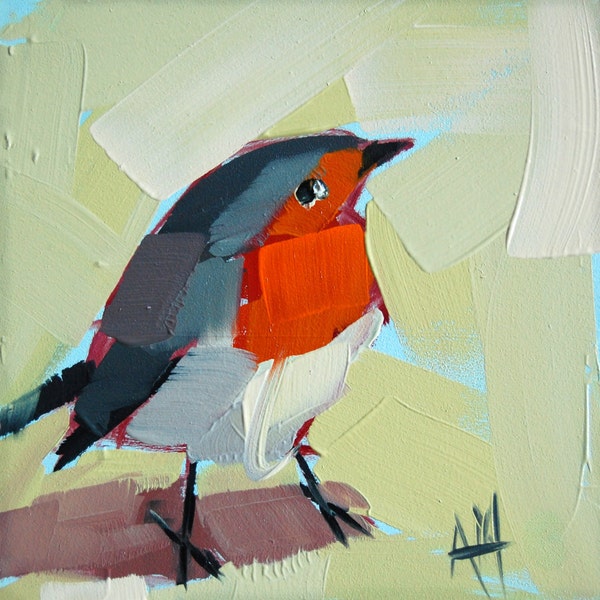 Robin no. 52 original bird oil painting by Moulton 5 x 5 inches on panel  prattcreekart