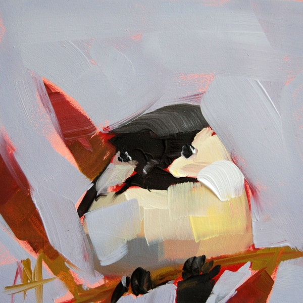 Chickadee no. 301 original bird oil painting by Moulton 5 x 5 inches on panel  prattcreekart