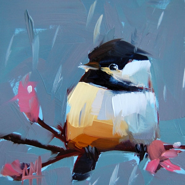 Chickadee no. 421 original bird oil painting by Angela Moulton 6 x 6 inch panel prattcreekart ship date March 7