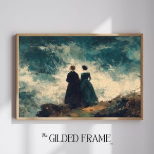 May include: A framed art print depicts two figures in dark attire, gazing out at a turbulent sea. The artwork, with its brushstroke style, features shades of teal, beige, and brown, evoking a sense of drama and contemplation. The Gilded Frame Co. logo is at the bottom.
