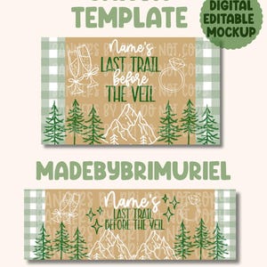 Puede incluir: Una plantilla digital editable de Canva con dos diseños rectangulares con un centro color canela, bordes de cuadros vichy verdes y blancos, y dibujos lineales blancos de copas de champán, un anillo de diamantes, pinos y montañas con el texto Name's LAST TRAIL before THE VEIL.