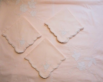 Large pale pink applique tablecloth and napkins.  Garden, summer, tea time, supper, dinner, cocktails, Christmas