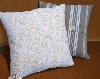 Hand made printed cushion cover,  antique French linen