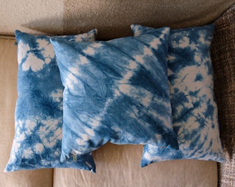 Square cushion cover, indigo dyed antique French linen and striped ticking back