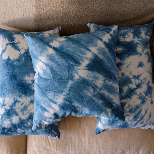 Square cushion cover, indigo dyed antique French linen and striped ticking back