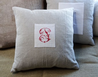 Antique hand stitched "J" monogram cushion made with antique French linen, throw pillow, gift