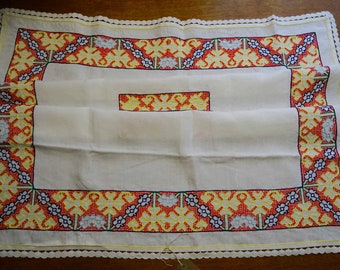 Vintage French linen cloth with hand stitched decoration.  Centre cloth, garden, summer, tea time, supper, dinner