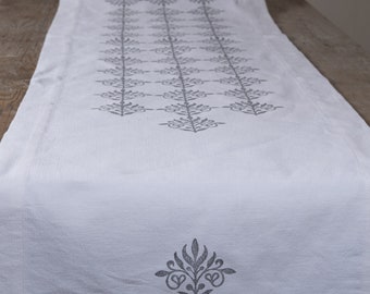 Vintage French linen table runner, hand block printed