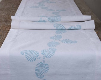 Vintage French linen table runner, hand block printed leaf design