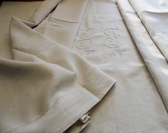 Antique French linen sheet, beautiful hand stitched decoration.  Sumptuous bedding fabric or a gorgeous curtain