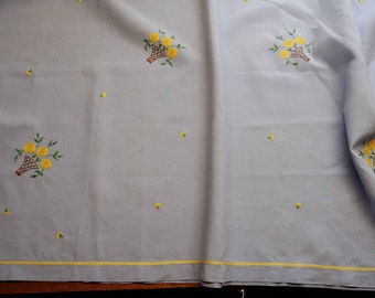 Beautiful weighty linen tablecloth hand stitched floral decoration.  Centre cloth, garden, summer, tea time, supper, dinner