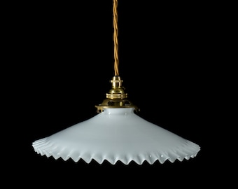 Vintage French milk glass ceiling light shade with crimped edging.  Supplied with new bulb holder and wiring