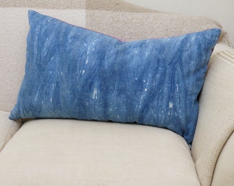 Indigo dyed antique French linen cushion cover, velvet back