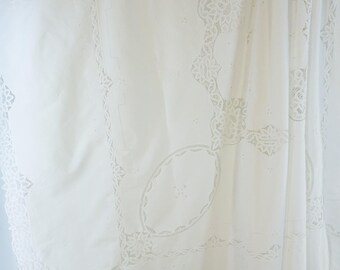 Large Vintage French Linen Bedspread - White Lace Heirloom Curtain