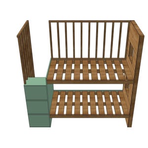 Step-by-step DIY plan for a minimalist built-in bunk bed for twin-size mattresses (38"x75" & 90x200 cm). Includes printable PDF woodworking instructions, cut list, and tools needed. Beginner-friendly digital file for modern furniture building