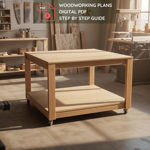 Op de afbeelding: Een lichtgekleurde houten tafel met een onderste plank, op wielen. De tafel is vierkant en lijkt nieuw te zijn. De afbeelding bevat ook de tekst "WOODWORKING PLANS DIGITAL PDF STEP BY STEP GUIDE".