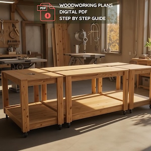 May include: A set of light brown wooden workbenches on wheels, with a lower shelf for storage. The workbenches are in a workshop setting, with woodworking tools and the text "WOODWORKING PLANS DIGITAL PDF STEP BY STEP GUIDE".