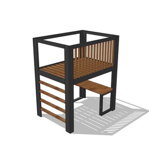 Close-up of loft bed ladder and desk surface joint, showing clean woodworking construction detail from the DIY building plan