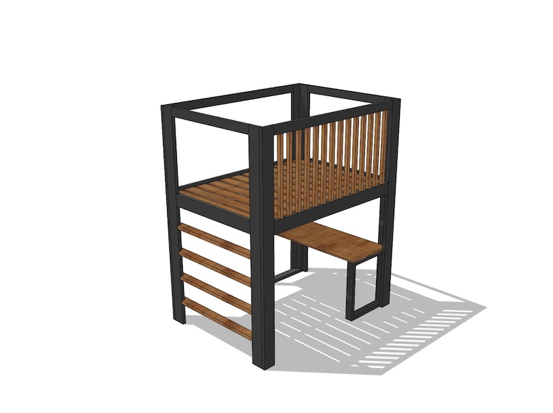 Close-up of loft bed ladder and desk surface joint, showing clean woodworking construction detail from the DIY building plan