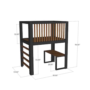 Wooden loft bed with study desk below, space-saving bedroom furniture for small rooms, fits full size 54x74 inch mattress, beginner woodworking project