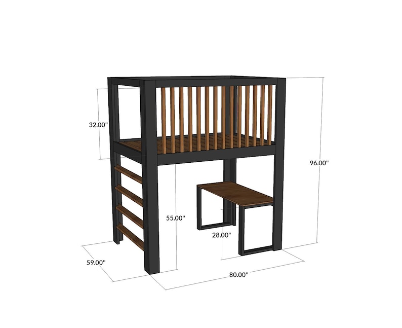 Wooden loft bed with study desk below, space-saving bedroom furniture for small rooms, fits full size 54x74 inch mattress, beginner woodworking project