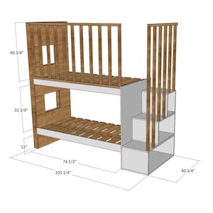 Step-by-step DIY plan for a minimalist built-in bunk bed for twin-size mattresses (38"x75" & 90x200 cm). Includes printable PDF woodworking instructions, cut list, and tools needed. Beginner-friendly digital file for modern furniture building.