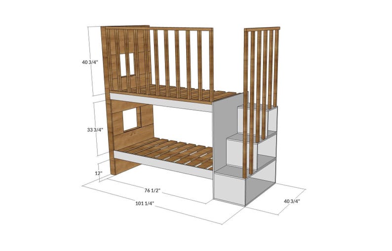 Step-by-step DIY plan for a minimalist built-in bunk bed for twin-size mattresses (38"x75" & 90x200 cm). Includes printable PDF woodworking instructions, cut list, and tools needed. Beginner-friendly digital file for modern furniture building.